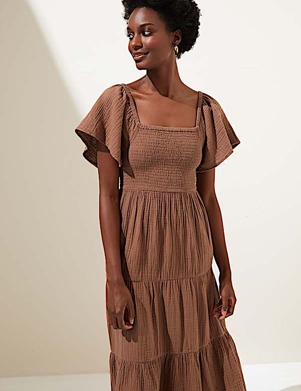 Pure Cotton Square Neck Midi Beach Dress