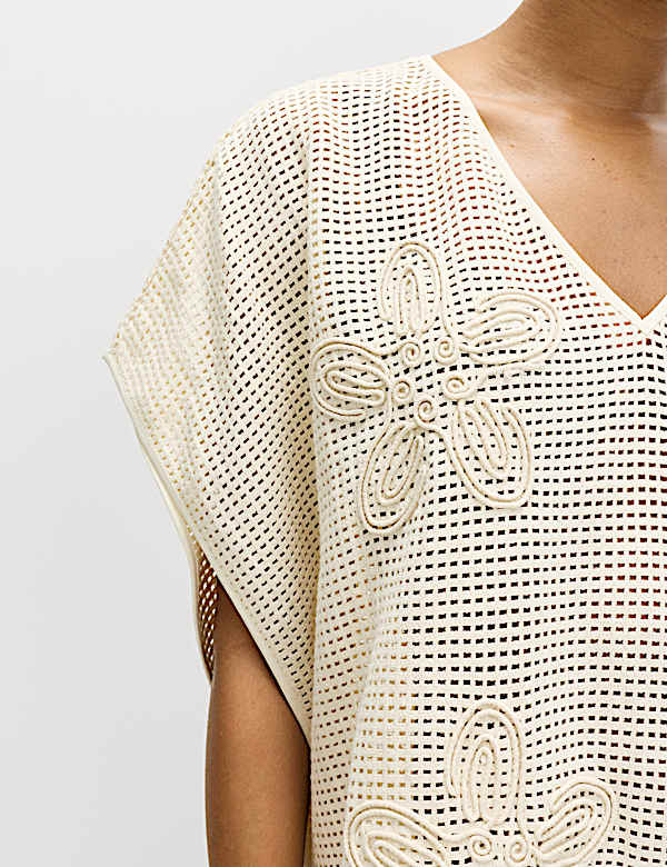 כפתן באורך מיני מכותנה טהורה בעיטור פרחוני - IL