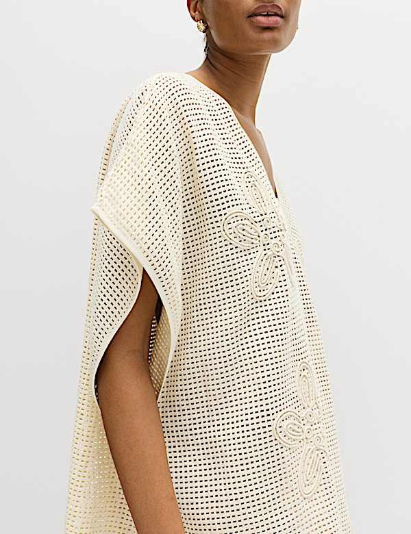 כפתן באורך מיני מכותנה טהורה בעיטור פרחוני - IL