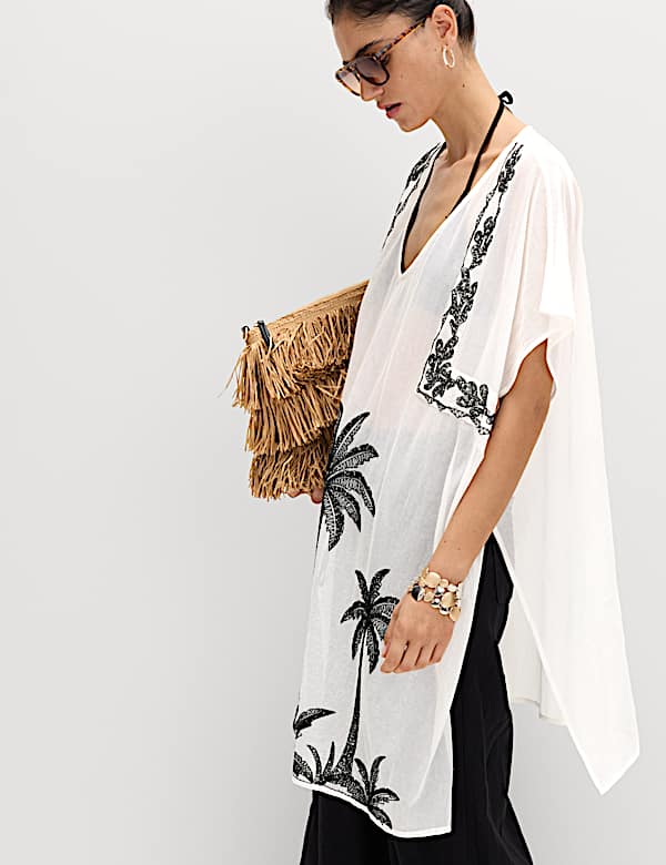Robe caftan coupe courte en coton brod&eacute; - CH