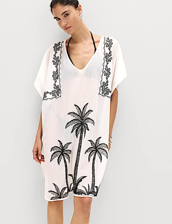 Robe caftan coupe courte en coton brod&eacute; - CH