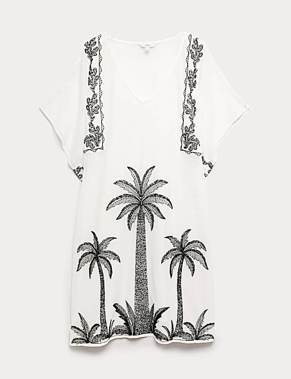 Robe caftan coupe courte en coton brod&eacute; - CH