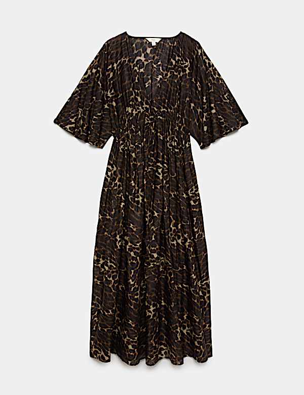 Puur katoenen bedrukte, doorschijnende kaftan met V-hals. - NL