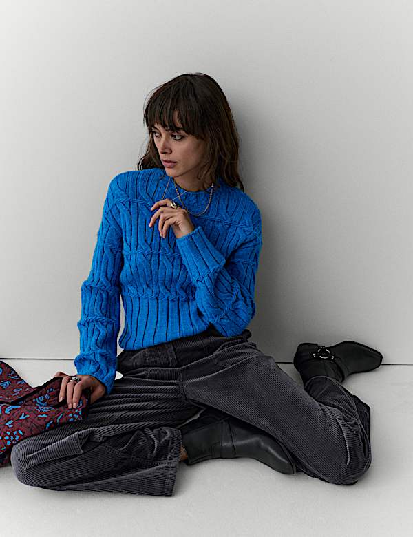 Cable Knit Funnel Neck Jumper with Wool - IL