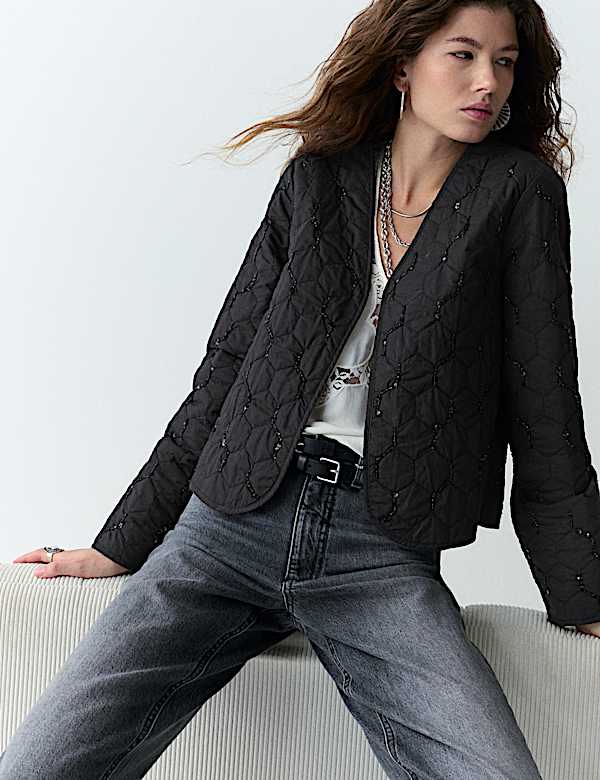 Pure Cotton Embellished Quilted Collarless Jacket - IL