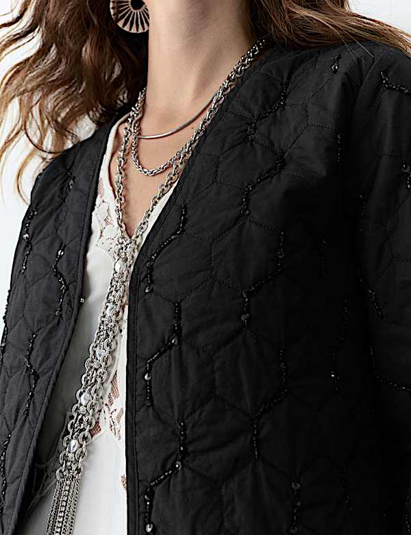 Pure Cotton Embellished Quilted Collarless Jacket - IL