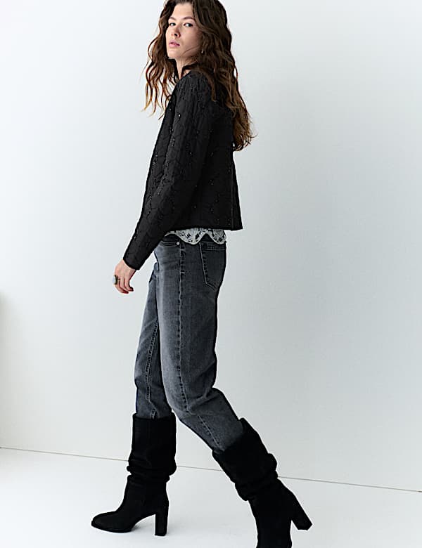 Pure Cotton Embellished Quilted Collarless Jacket - IL