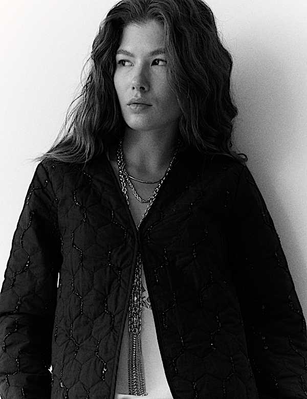 Pure Cotton Embellished Quilted Collarless Jacket - IL