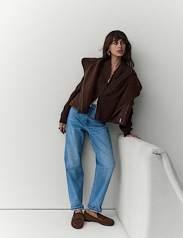 Cotton Blend Pointelle Bomber Cardigan with Wool - MX