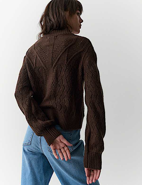 Cotton Blend Pointelle Bomber Cardigan with Wool - MX