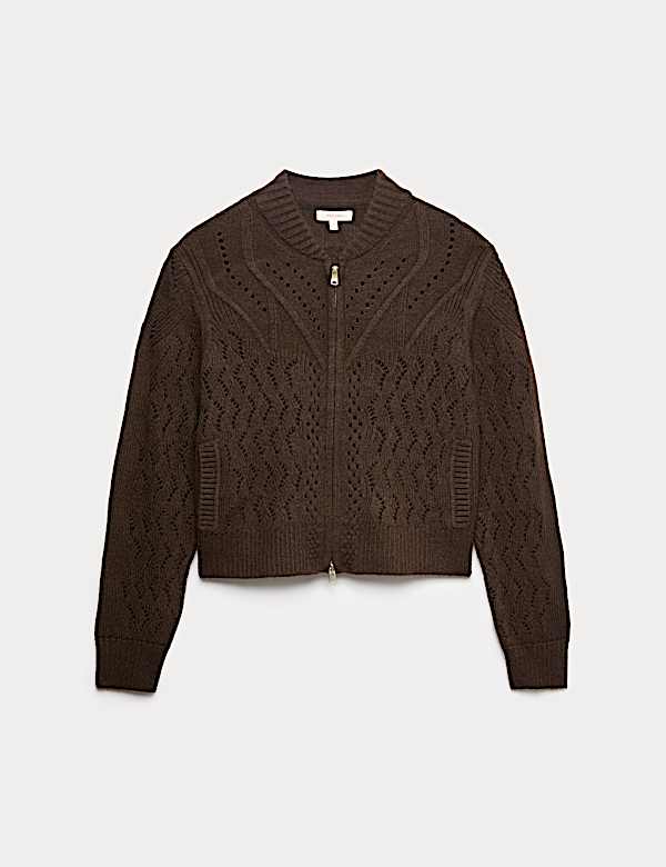 Cotton Blend Pointelle Bomber Cardigan with Wool - MX