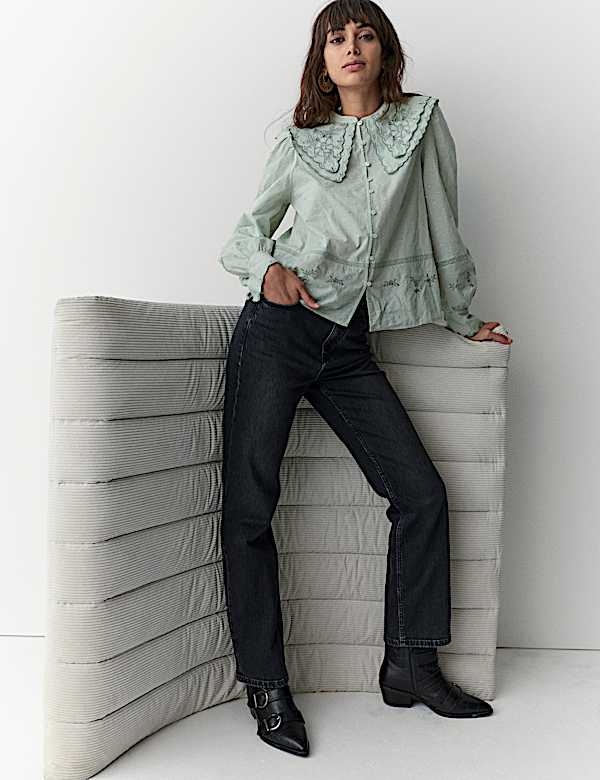 Pure Cotton Embroidered Double Collar Blouse - CZ