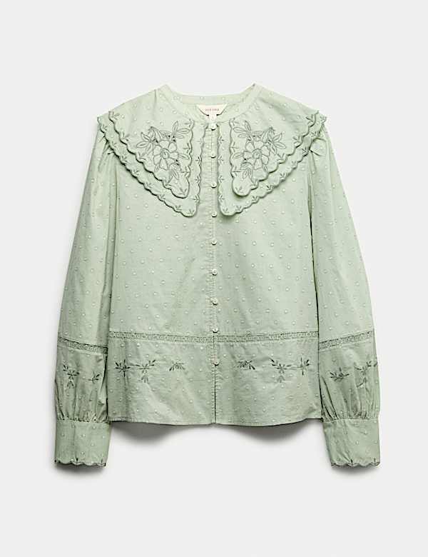 Pure Cotton Embroidered Double Collar Blouse - CZ