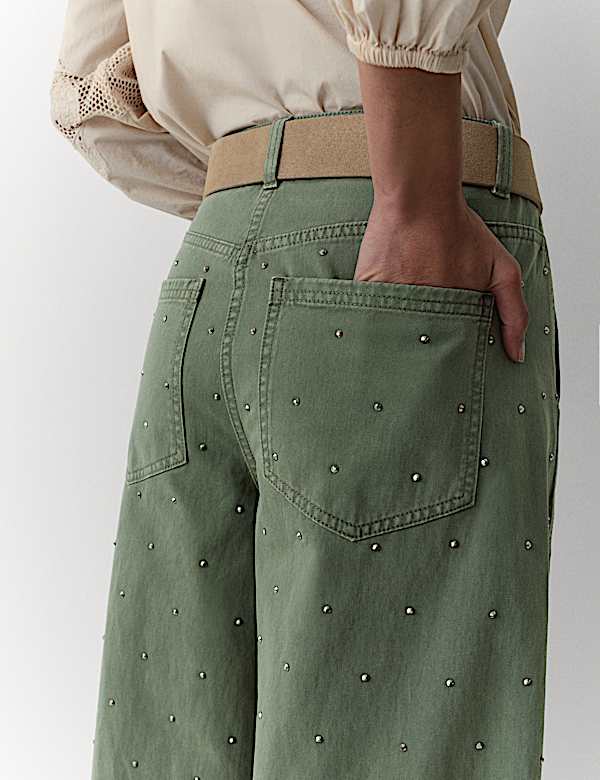 Pure Cotton Twill Studded Barrel Trousers - IT