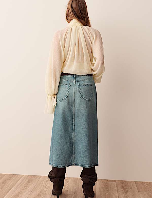 Denim Split Front Midi Straight Skirt - CA