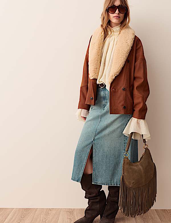 Denim Split Front Midi Straight Skirt - CA