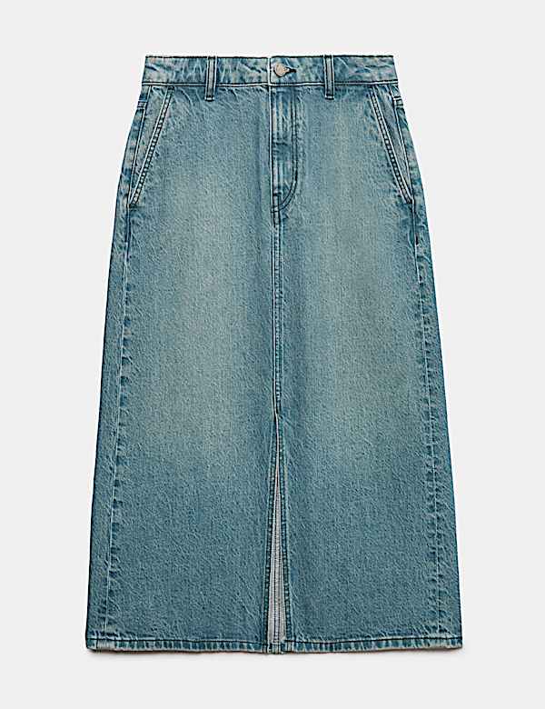 Denim Split Front Midi Straight Skirt - CA