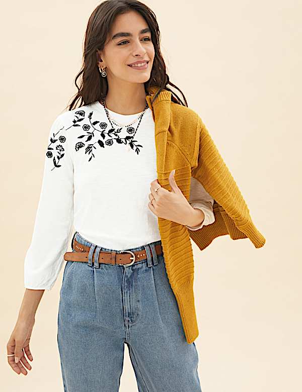Pure Cotton Embroidered 3/4 Sleeve Top