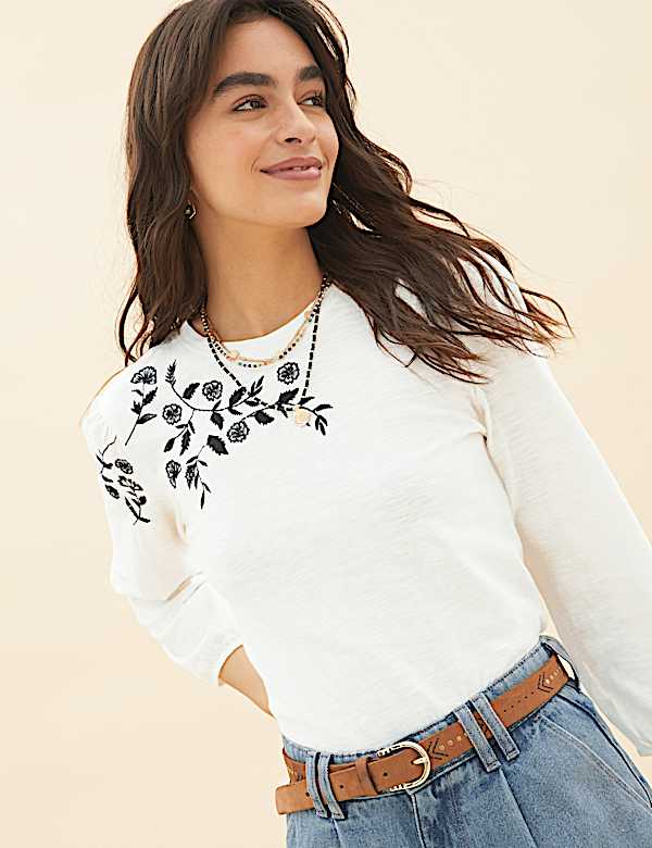 Pure Cotton Embroidered 3/4 Sleeve Top