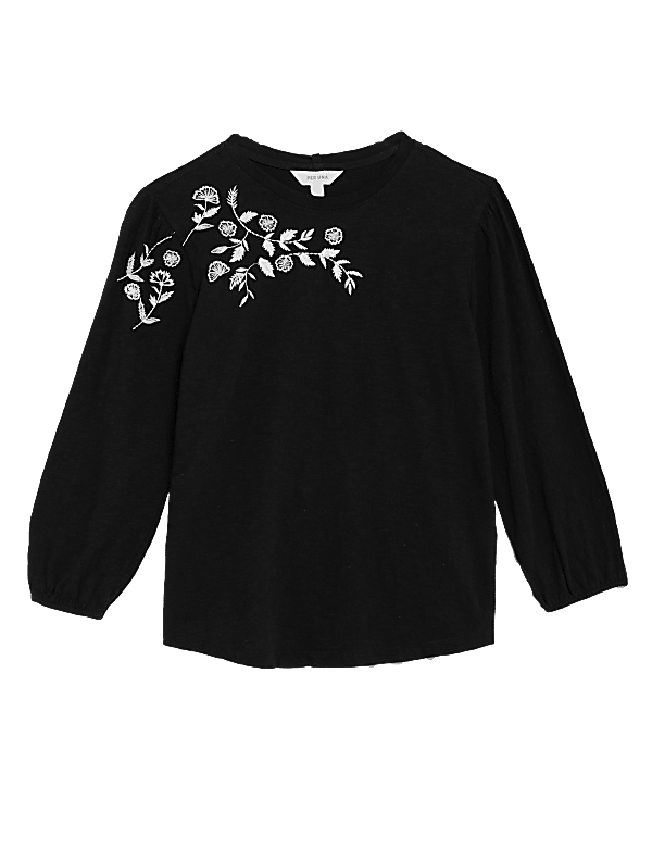 Pure Cotton Embroidered 3/4 Sleeve Top