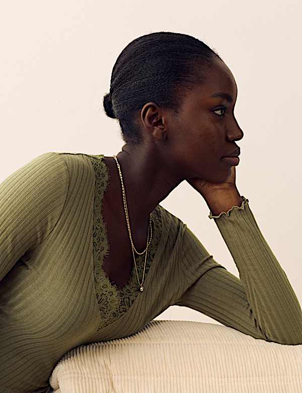 Lace Trim Pointelle Long Sleeve Top - CN