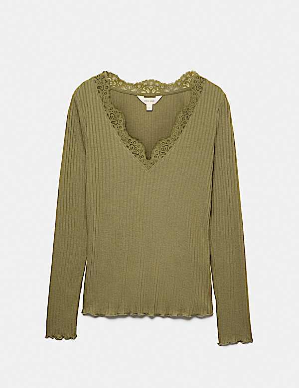 Lace Trim Pointelle Long Sleeve Top - CN