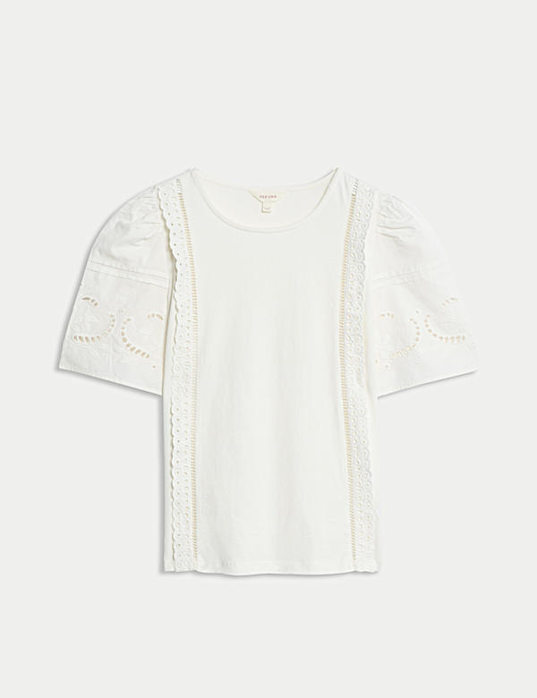 חולצה רקומה מכותנה טהורה עם עיטור תחרה - IL