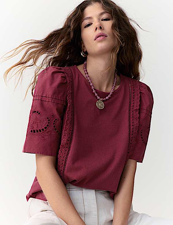Pure Cotton Embroidered Lace Trim Top