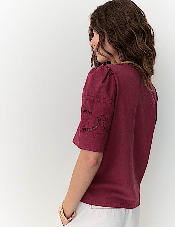 Pure Cotton Embroidered Lace Trim Top