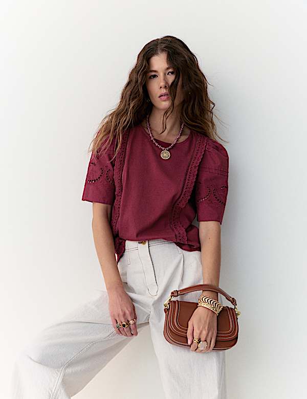 Pure Cotton Embroidered Lace Trim Top