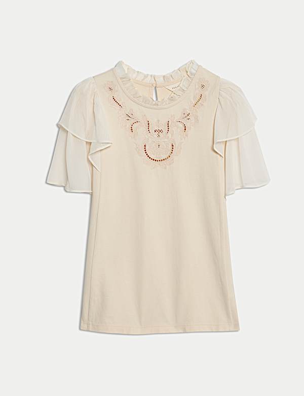Pure Cotton Embroidered Crew Neck Top