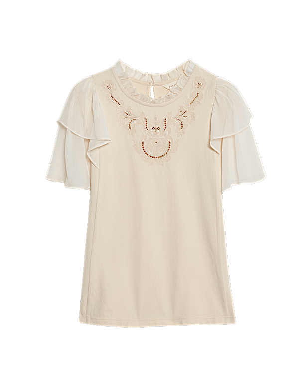 Pure Cotton Embroidered Crew Neck Top