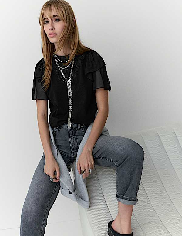 Pure Cotton Jersey Embroidered Cut Out Top