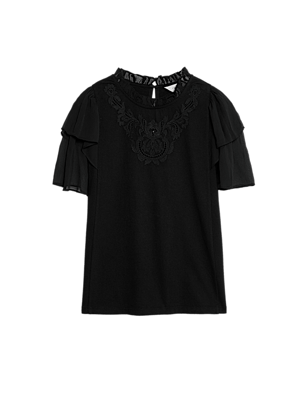 Pure Cotton Embroidered Crew Neck Top