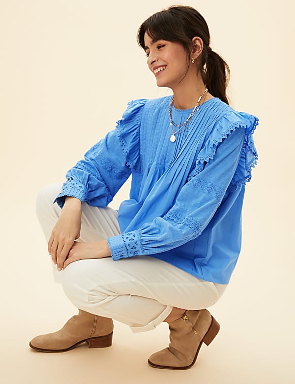 Pure Cotton Pintuck Ruffle Long Sleeve Top