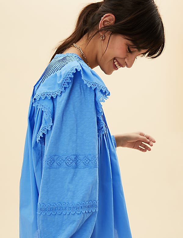Pure Cotton Pintuck Ruffle Long Sleeve Top