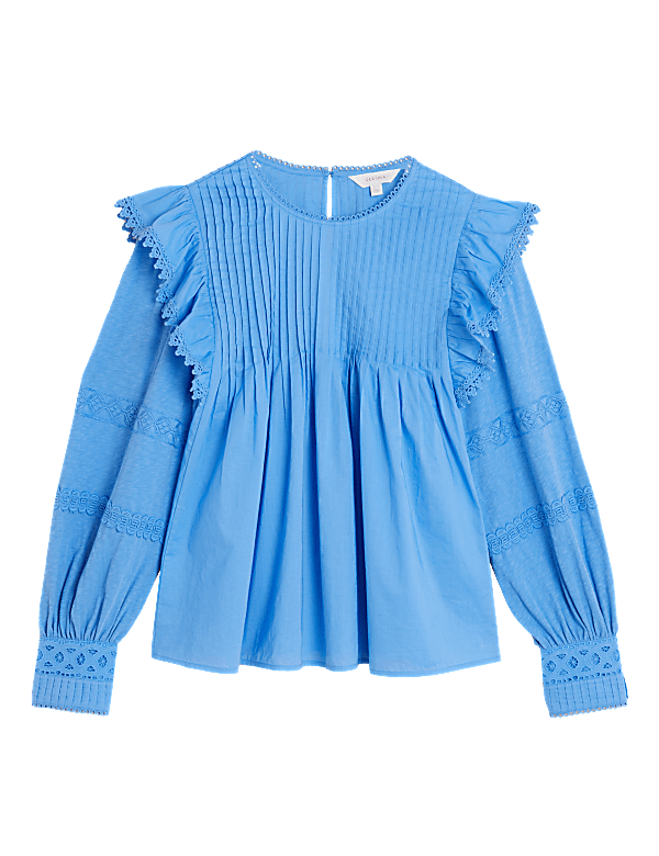 Pure Cotton Pintuck Ruffle Long Sleeve Top