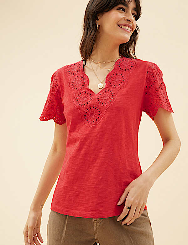 Pure Cotton Broderie V-Neck T-Shirt