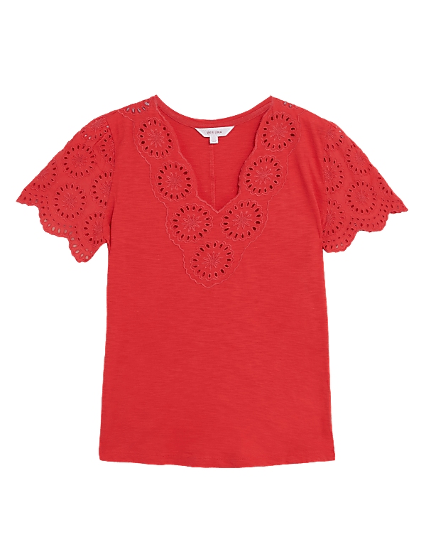 Pure Cotton Broderie V-Neck T-Shirt