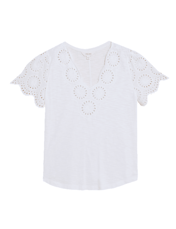 Pure Cotton Broderie V-Neck T-Shirt