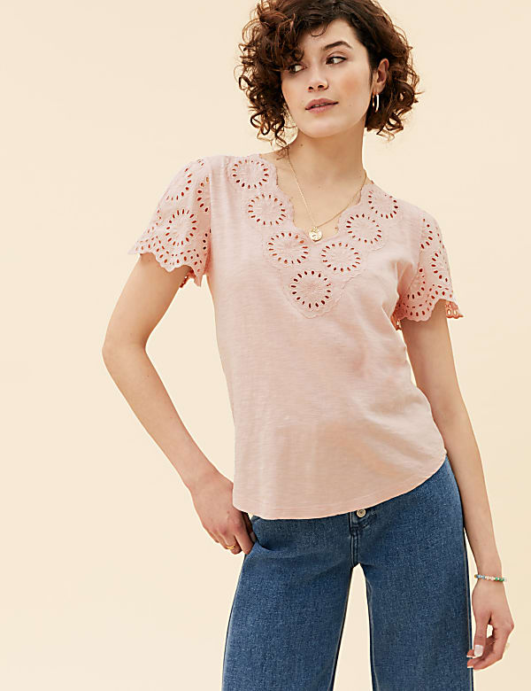 Pure Cotton Broderie V-Neck T-Shirt