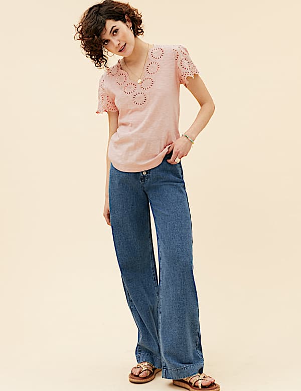 Pure Cotton Broderie V-Neck T-Shirt