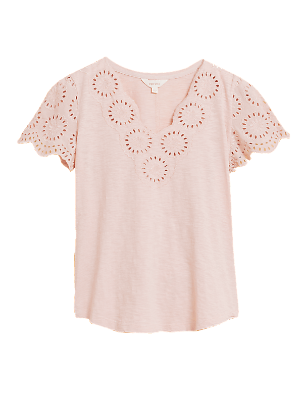 Pure Cotton Broderie V-Neck T-Shirt