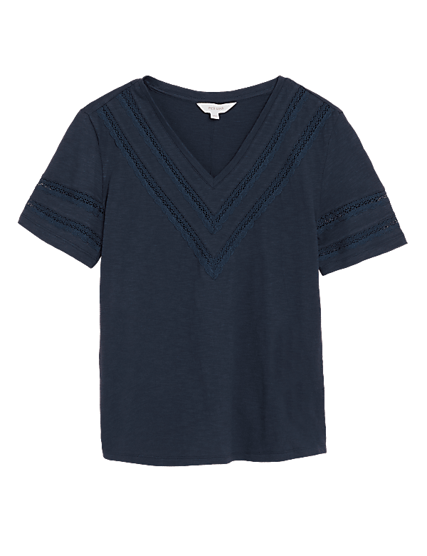 Pure Cotton V-Neck Lace Insert T-Shirt