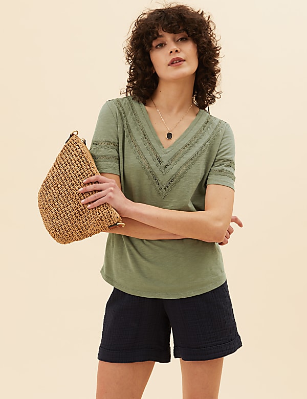 Pure Cotton V-Neck Lace Insert T-Shirt