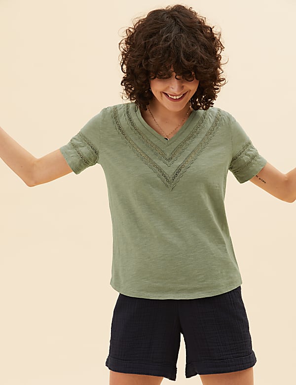 Pure Cotton V-Neck Lace Insert T-Shirt