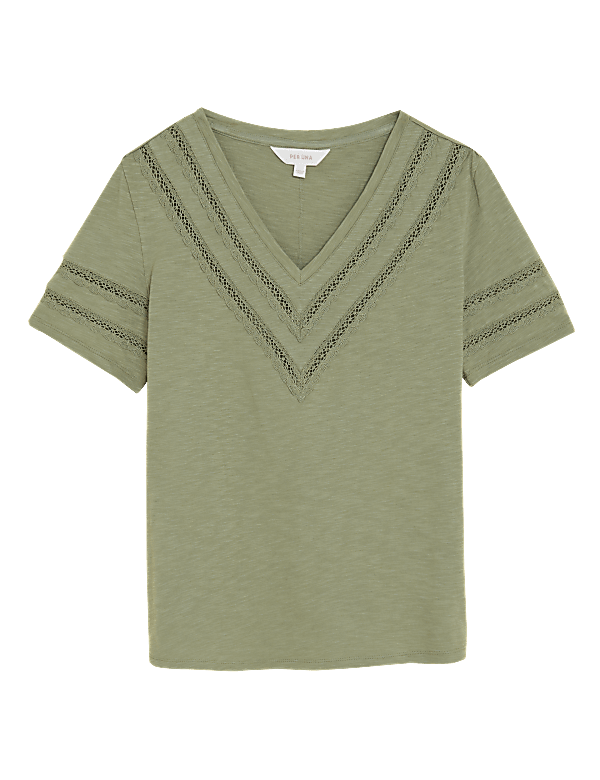 Pure Cotton V-Neck Lace Insert T-Shirt