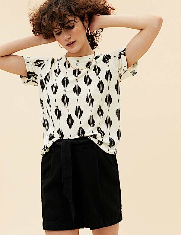 Linen Blend Geometric Short Sleeve T-Shirt