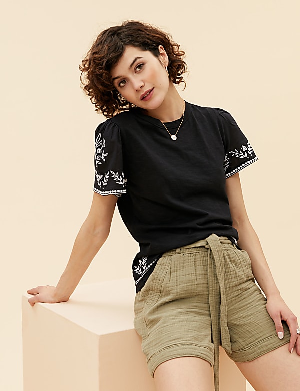 Pure Cotton Embroidered Crew Neck T-Shirt