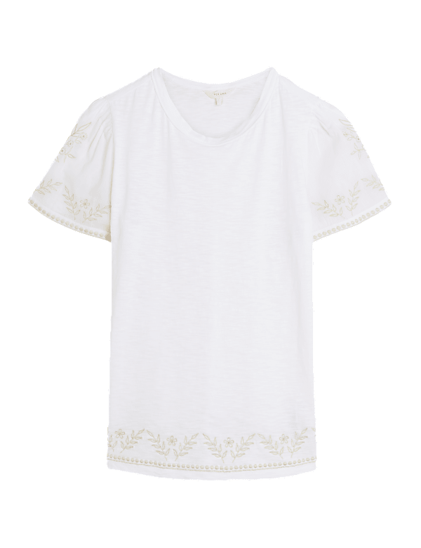 Pure Cotton Embroidered Crew Neck T-Shirt